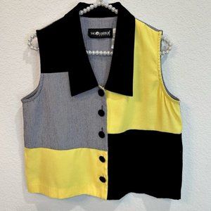 Vintage Yellow Black Colorblock Sleeveless Top Shirt